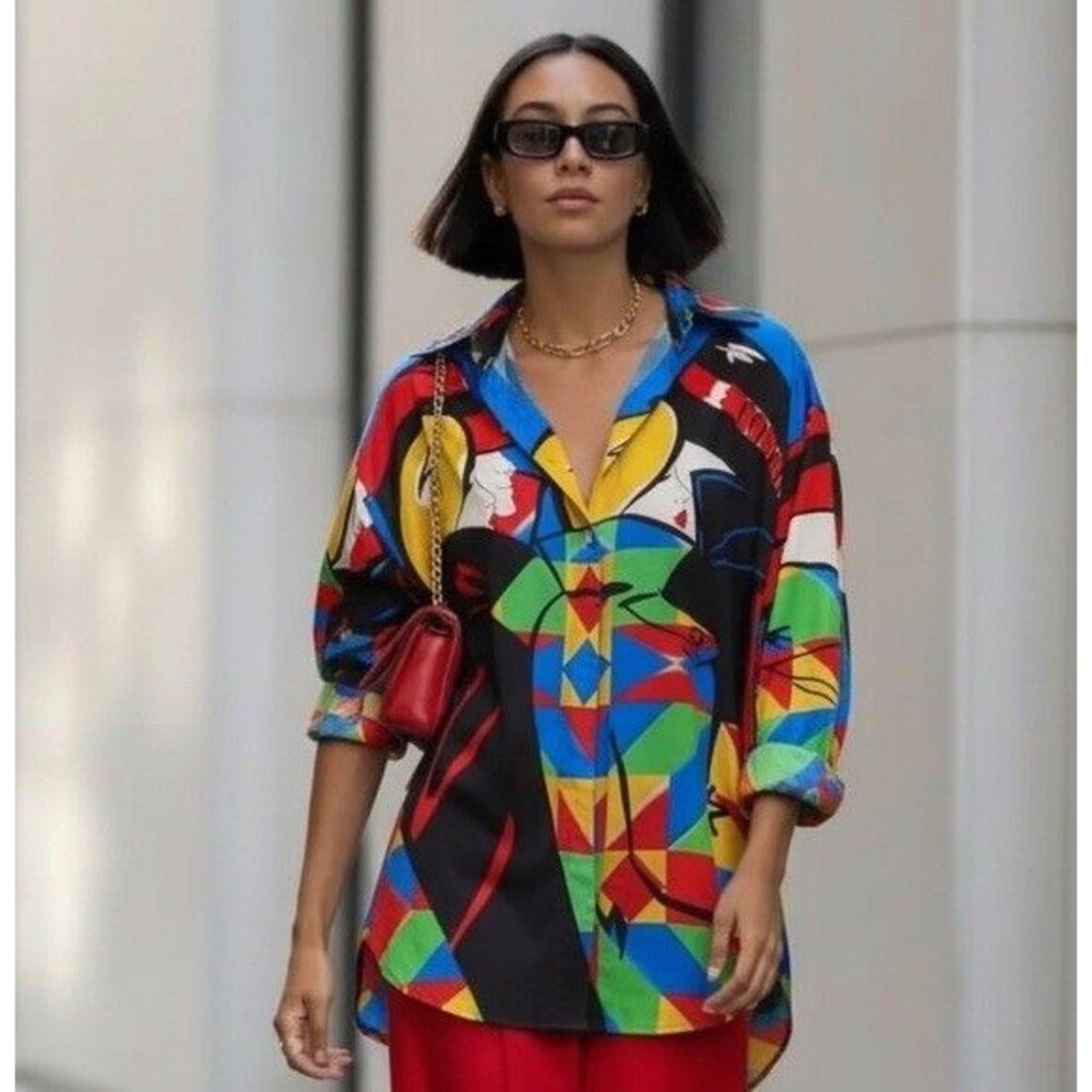 Escada Margaretha Ley Silk Blouse Graphic Art Print Red Black Button Shirt M/L